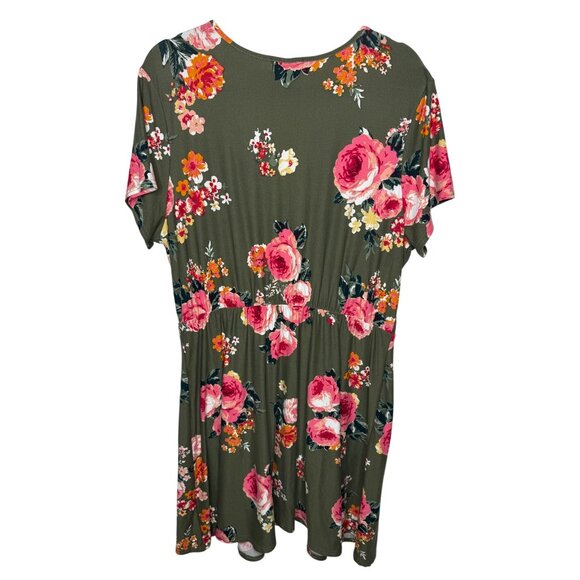 Derek Heart Floral Faux Wrap Dress Green Pink Short Sleeve 2X - Picture 2 of 11